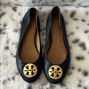 Tory Burch Black Flats with Gold Logo